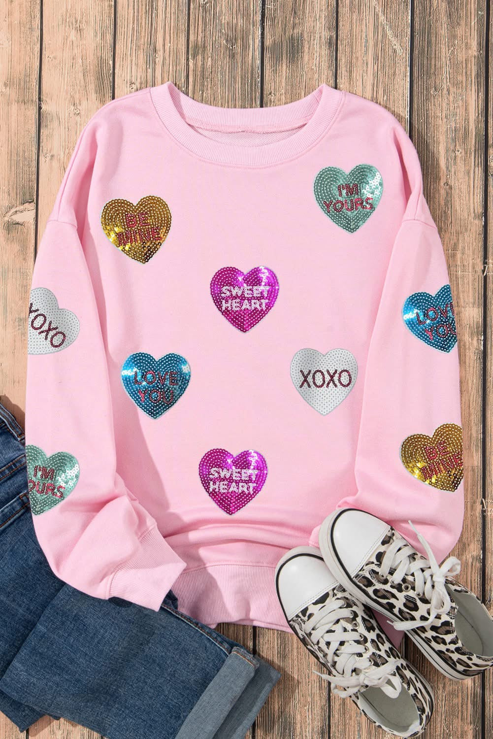 Pink Sequin Romantic Letters Valentines sweatshirt