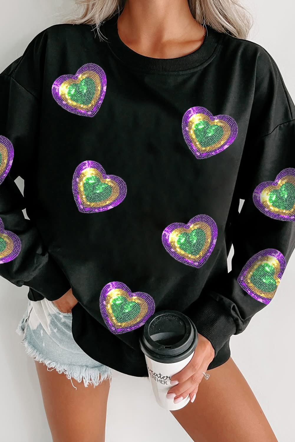 Black Mardi Gras Heart Sweatshirt