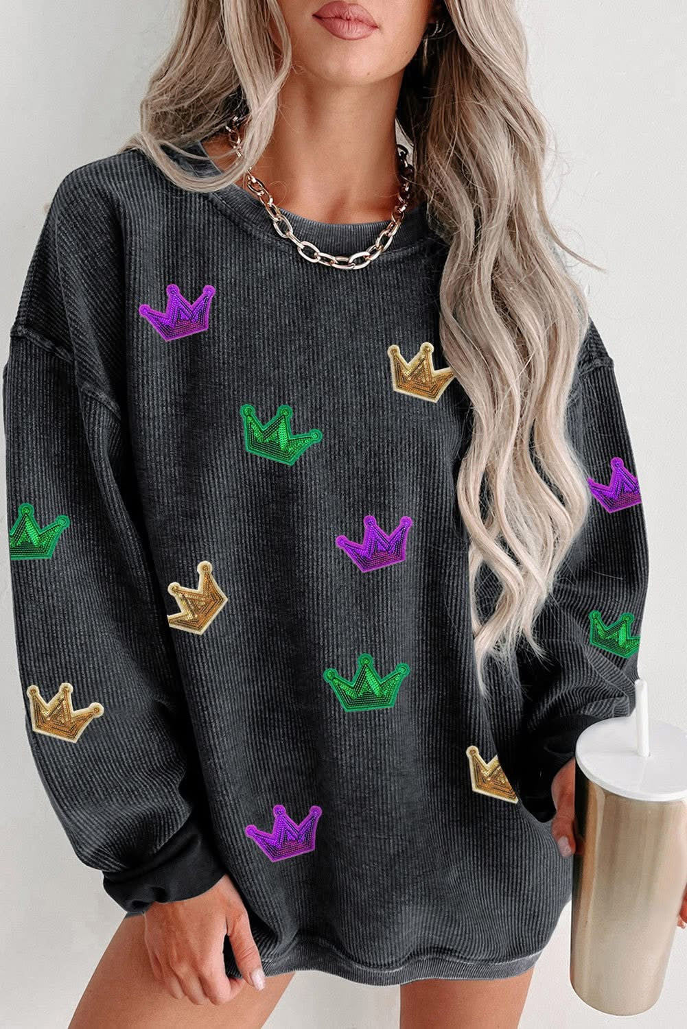 Black Mardi Gras Crown Corded Baggy sweatshirt