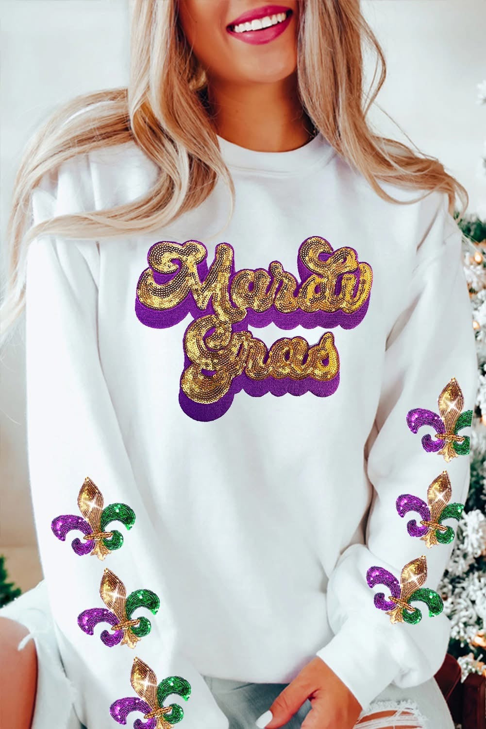 Beige Sequin Mardi Gras Pattern Fleur de Lis Sweatshirt