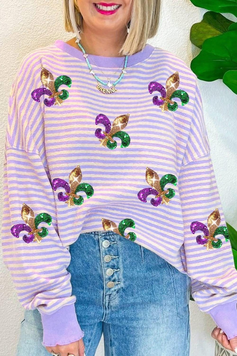 Mardi Gras Stripe Sequin Fleur de Lis Top