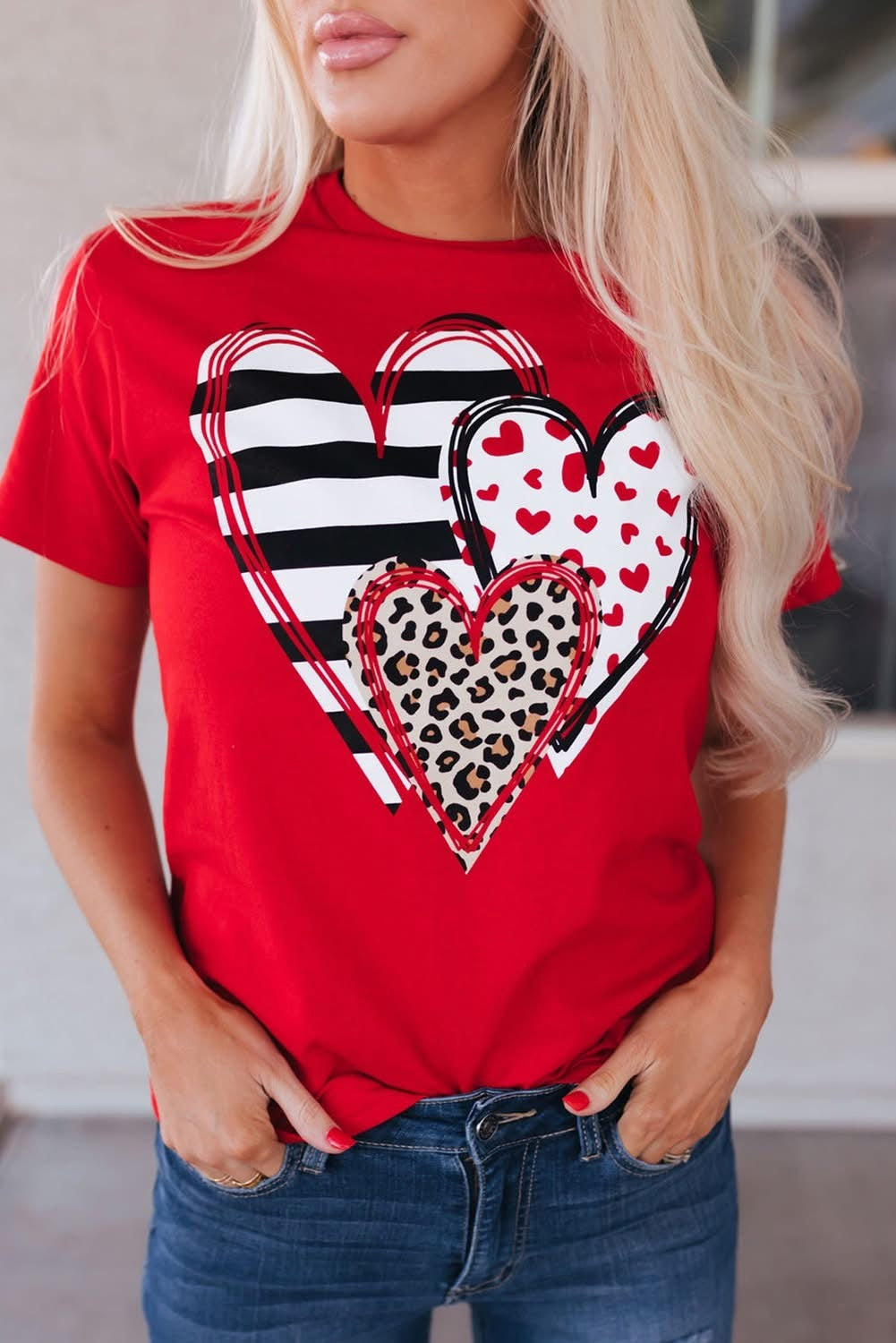 Red Leopard Striped Heart T shirt