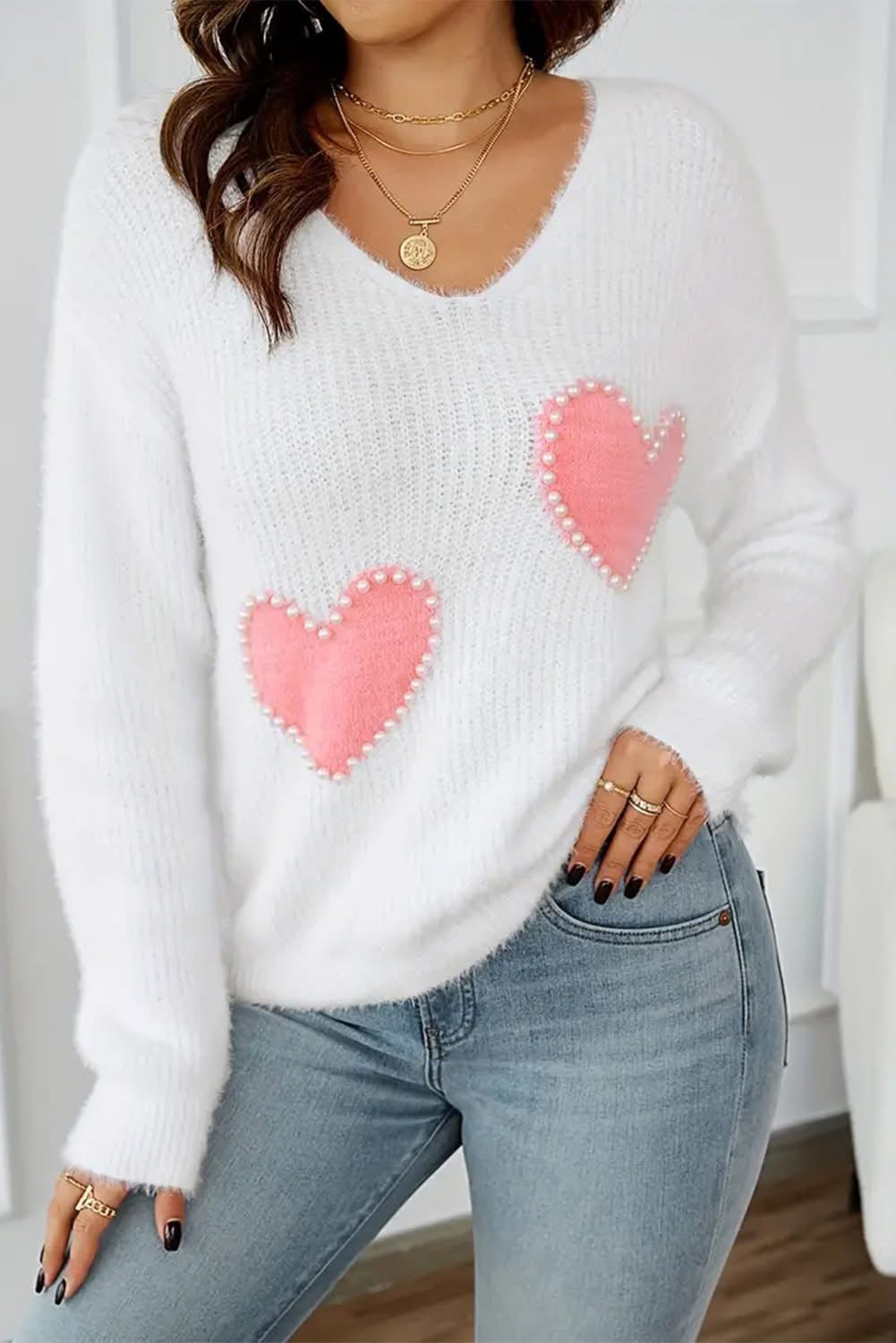 Heart Pearl Beaded Fuzzy v neck sweater