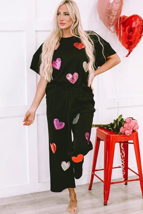 Black Sequin Heart Textured 2pcs Outfit