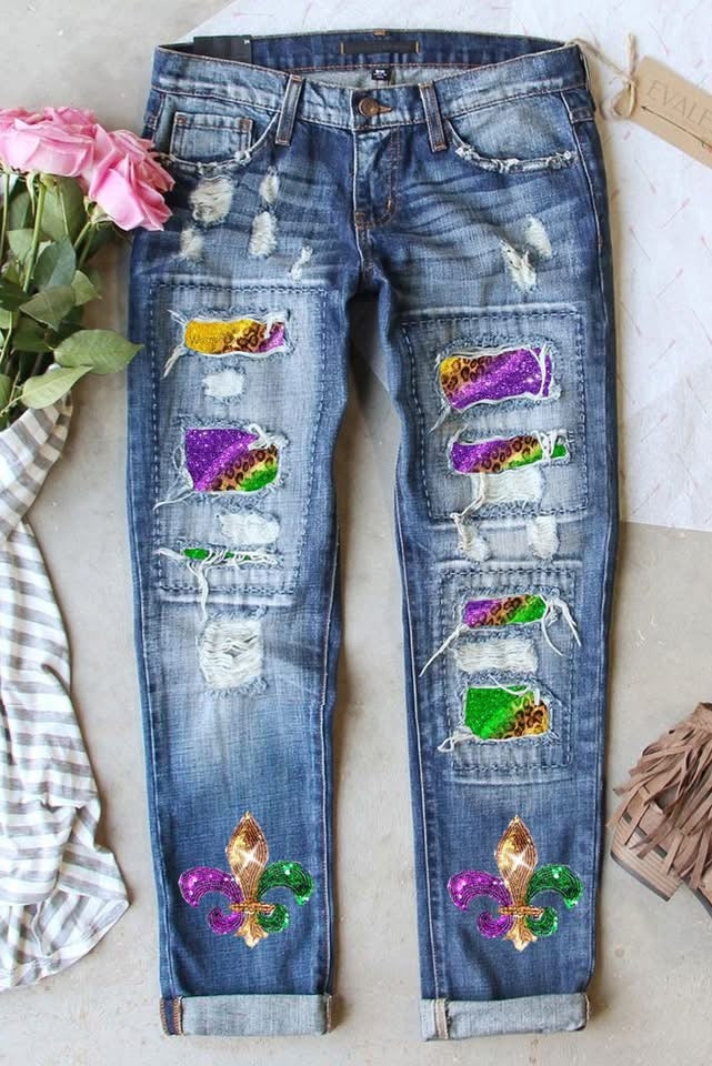 Sky Blue Shiny Mardi Gras Fleur-de-lis Distressed Jeans