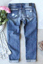 Load image into Gallery viewer, Sky Blue Shiny Mardi Gras Fleur-de-lis Distressed Jeans
