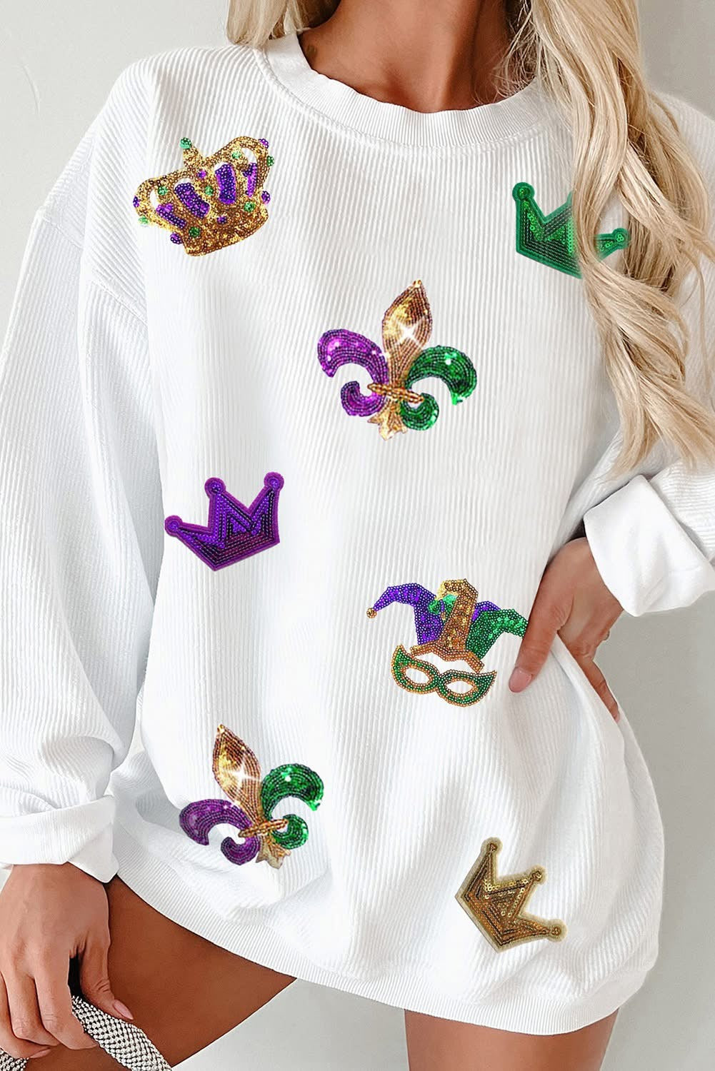 White Sequin Mardi Gras Icons Sweatshirt