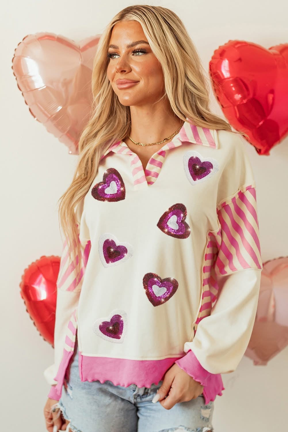 Pink Stripe Sequin Heart Collared Split Top